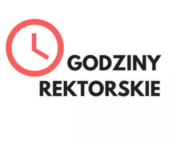 Na białym tle czerwona grafika zegara i czarny napis: godziny rektorskie.
