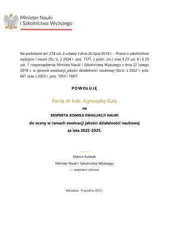 Dokument powołujący prof. Agnieszkę Kulę na eksperta KEN, podpisany przez Ministra Nauki i Szkolnictwa Wyższego.