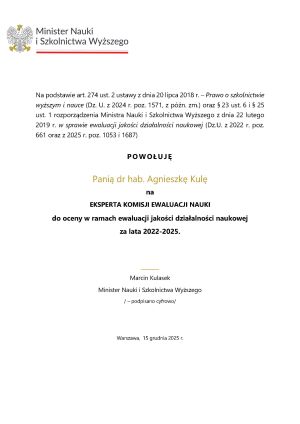 Dokument powołujący prof. Agnieszkę Kulę na eksperta KEN, podpisany przez Ministra Nauki i Szkolnictwa Wyższego.