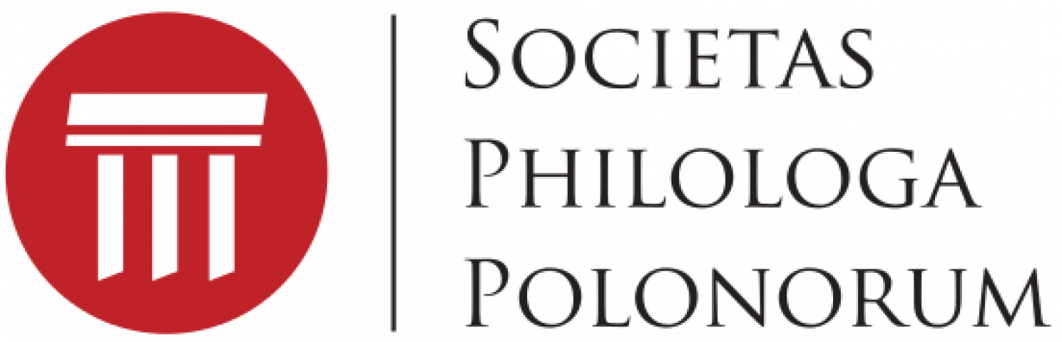Logotyp Polskiego Towarzystwa Filologicznego - po lewej stronie na czerwonym kole rysunek portyku z trzema kolumnami, po prawej napis czarnymi literami na białym tle: Societas Philologa Polonorum