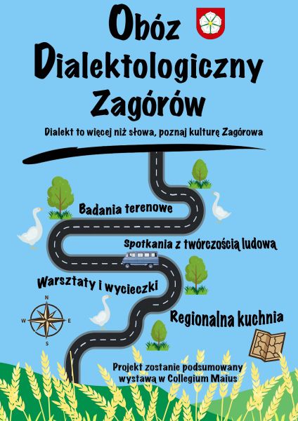 Na tle niebieskiego nieba, zielonej łąki i łanów zboża tytuł projektu wypisany czarnymi literami, a poniżej rysunek drogi, przy każdym zakręcie drogi napisy: 