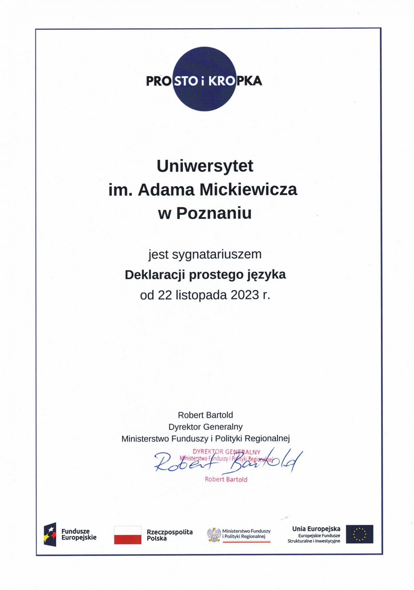 Ministerialne potwierdzenie podpisania przez UAM „Deklaracji prostego języka”.